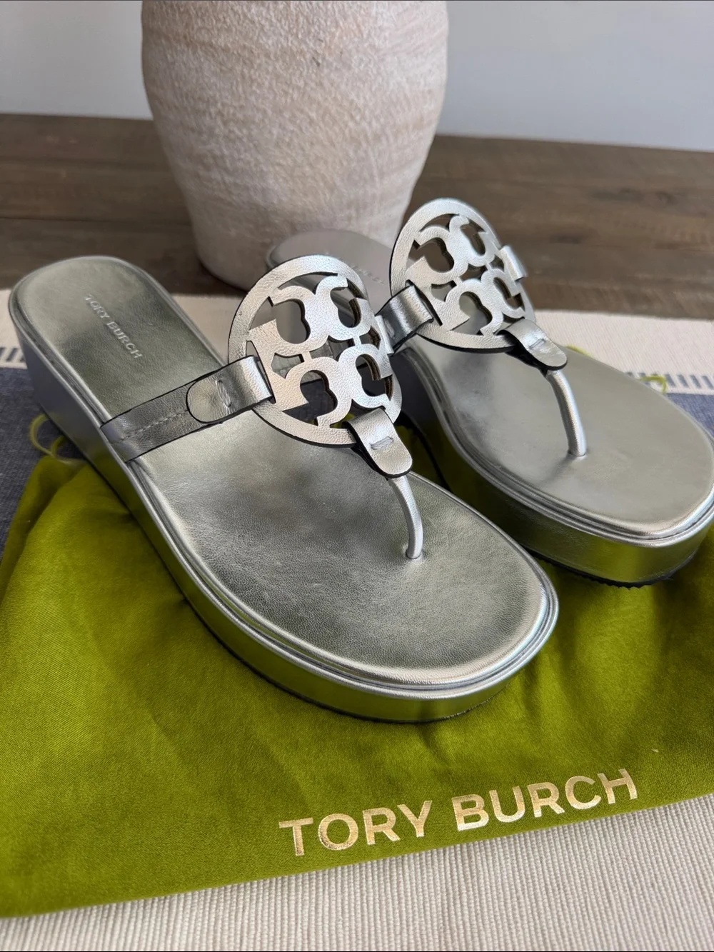 Tory Burch Miller Wedge Silver Logo Platform Thong Sandals